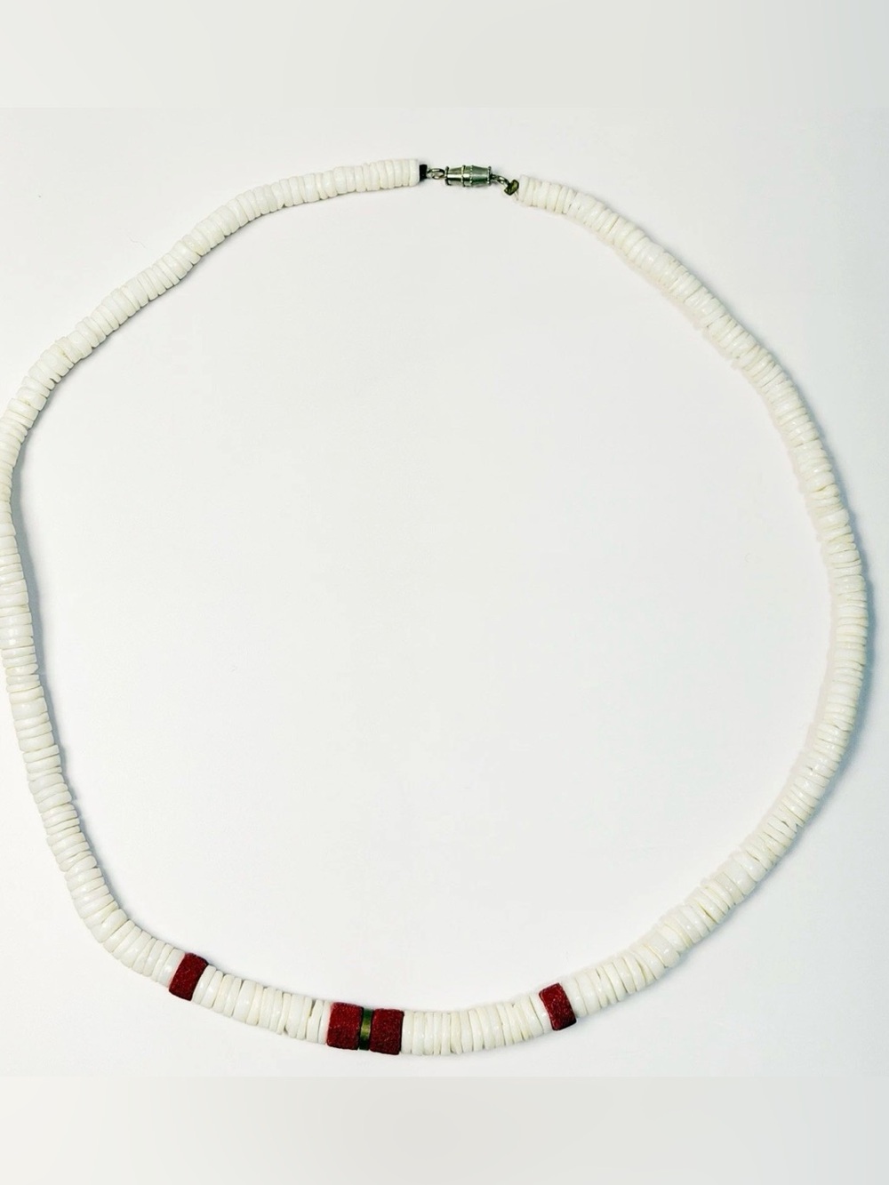 Vintage Shell Heishi Necklace w Red Accent  18” Mid Century Surf Style